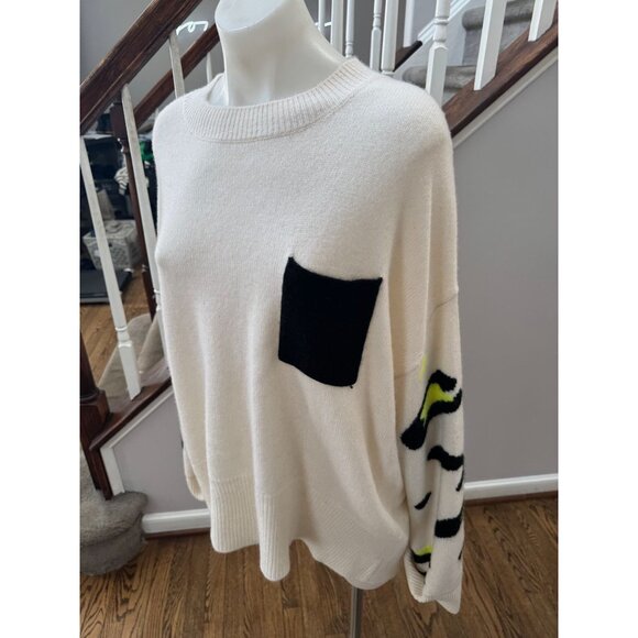 BRODIE CASHMERE Lynx Boyfriend Cashmere Sweater White Leopard Neon Size Medium - Picture 3 of 4